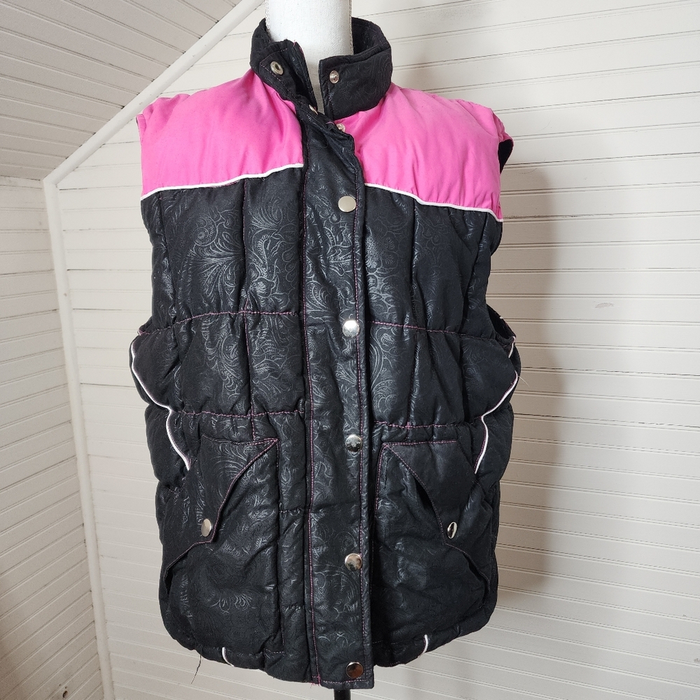 Cowgirl Hardware Down Feather Pink & Black Western Puffer Vest Floral Tooled XXL